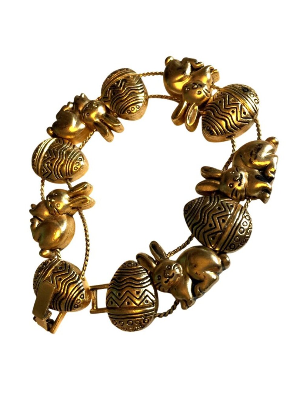 Vintage Gold-Tone Easter-Themed Bracelet W/ Bunny & Egg Charms Textured Design - Picture 2 of 6